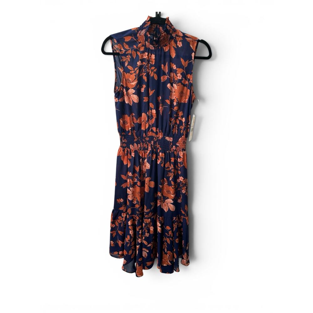 Nanette Lepore Navy Orange Size M Midi Sleeveless NWT Dress Ruched Waist Resort